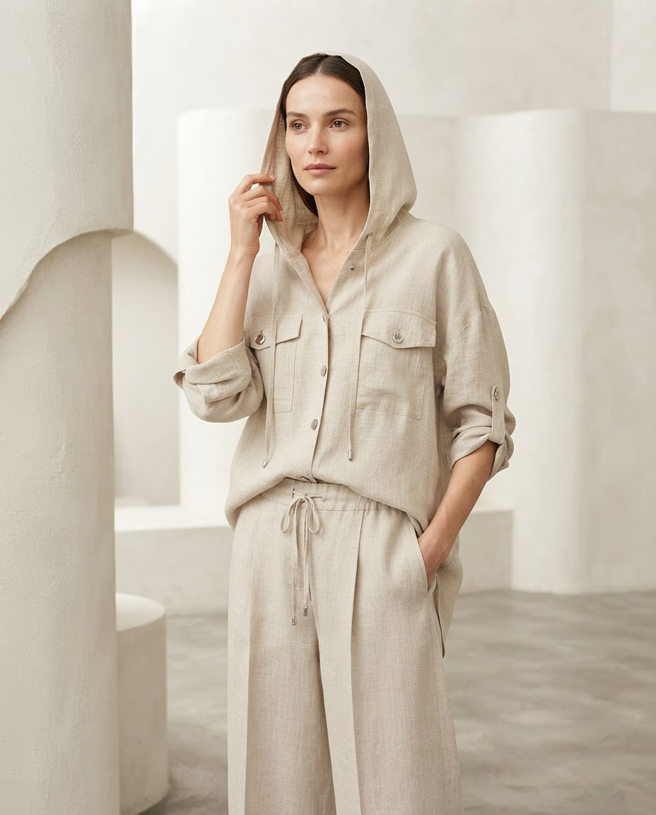 Hooded Beige Linen Set