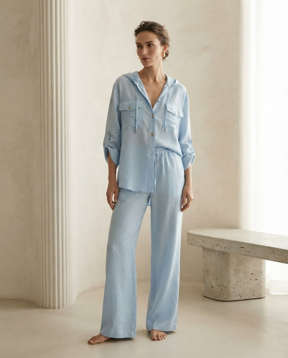 Hooded Blue Linen Set