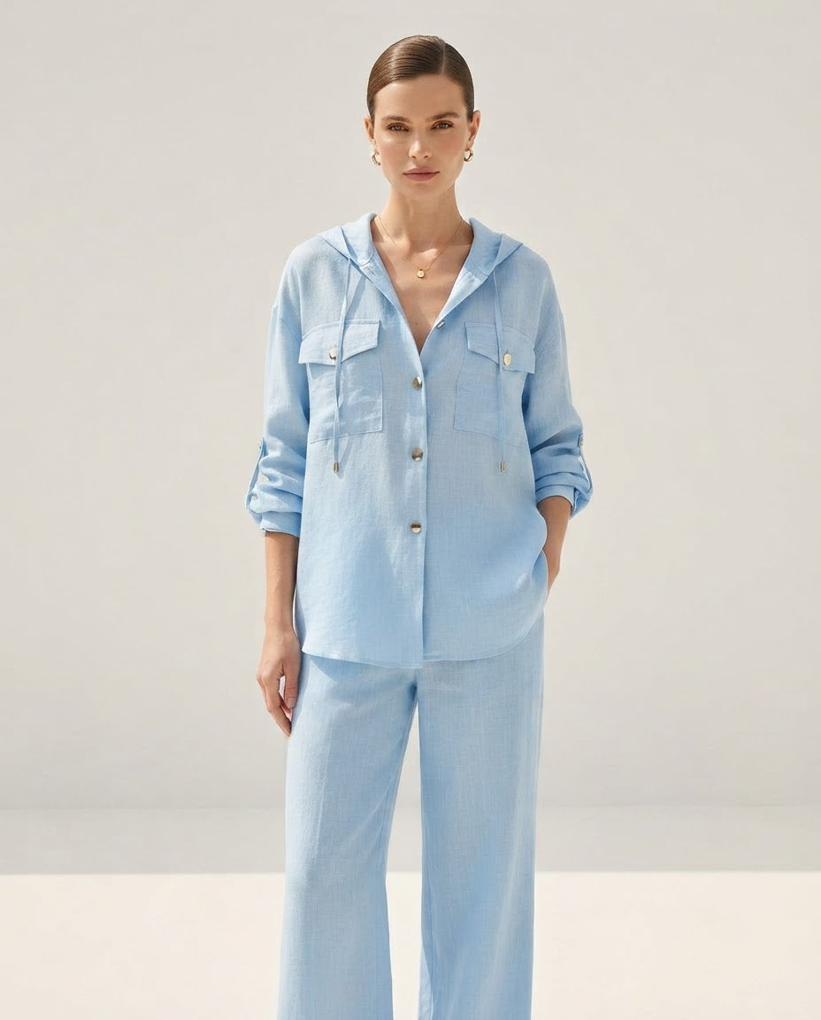 Hooded Blue Linen Set