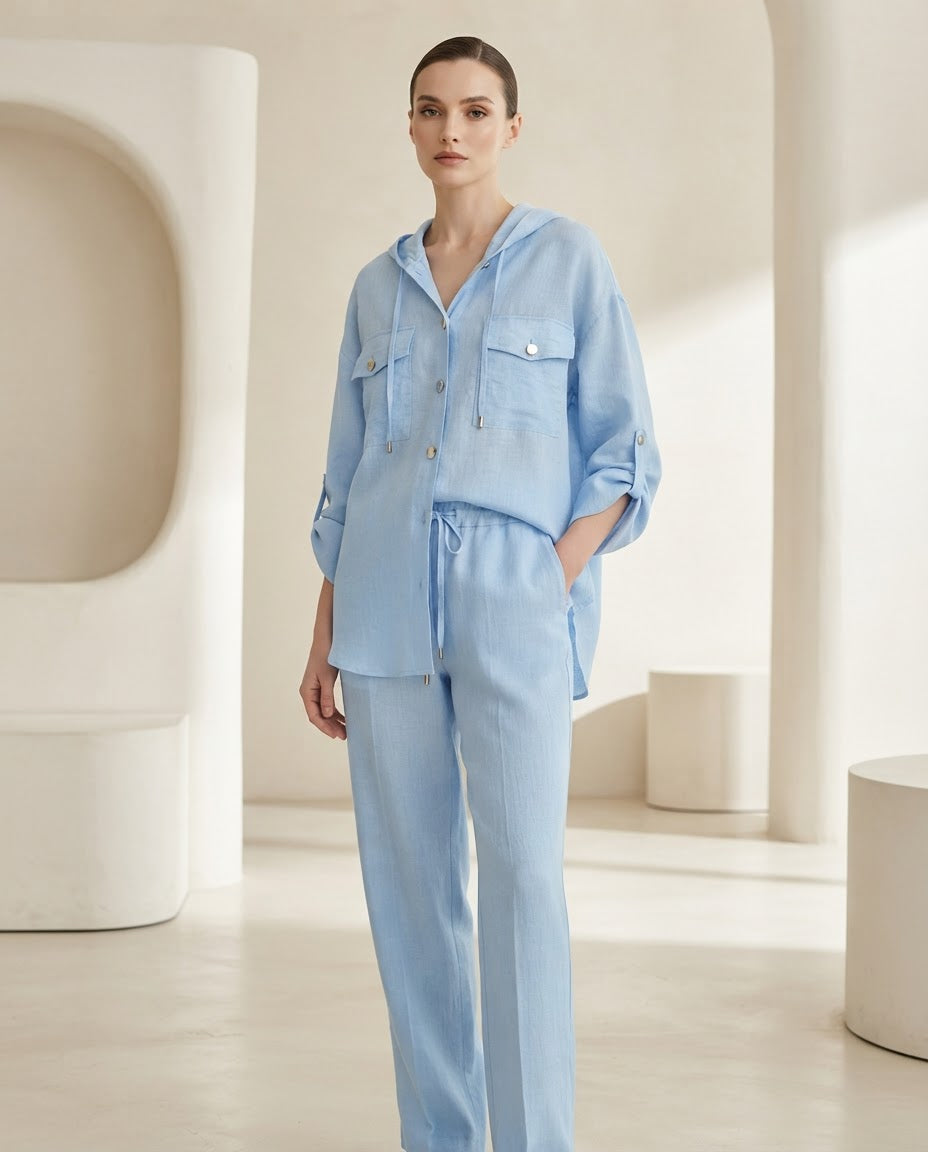 Hooded Blue Linen Set